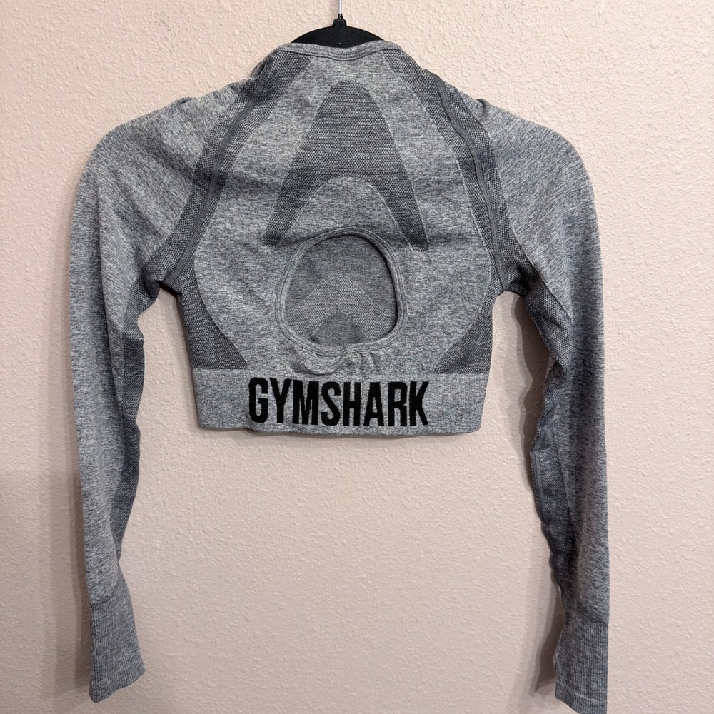 Gymshark Flex Grey Marl Long Sleeve Seamless Crop Top Back Cutout Small B1A3L - Picture 3 of 6